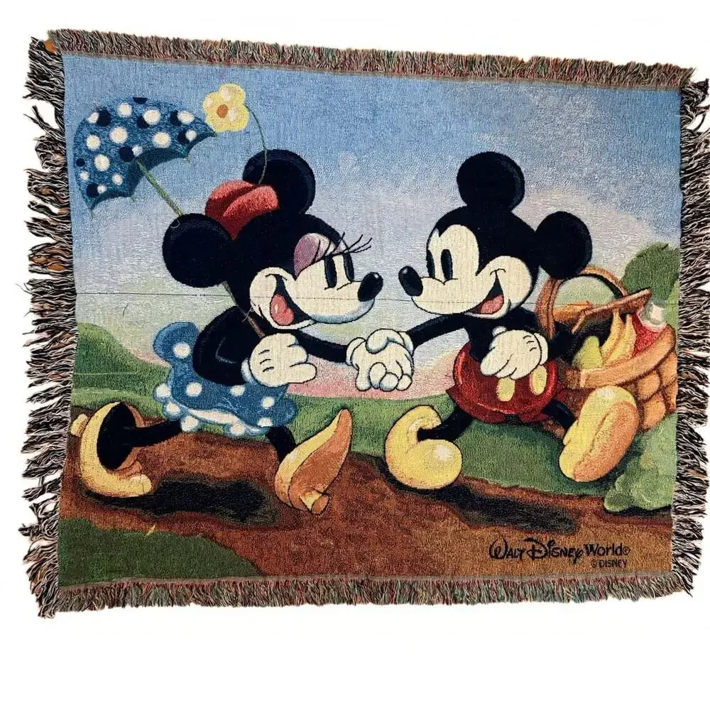Vintage Walt Disney World Tapestry Throw Blanket Mickey Minnie 50x60 Fringe